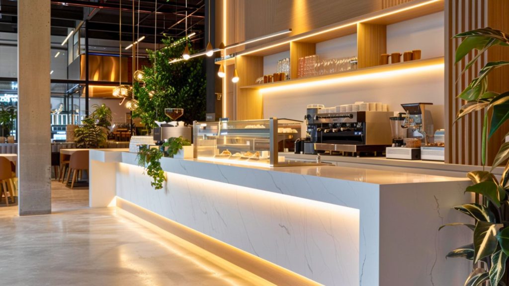 Layered textures including wood, metal and quartz in restaurant design