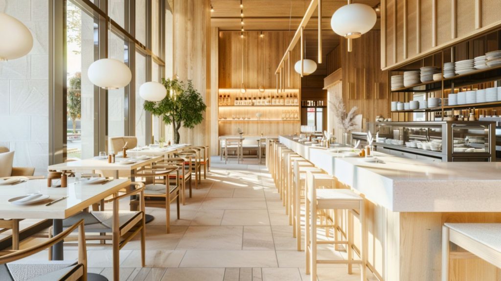Reflective finishes and metallic trims used to enhance brightness in a restaurant