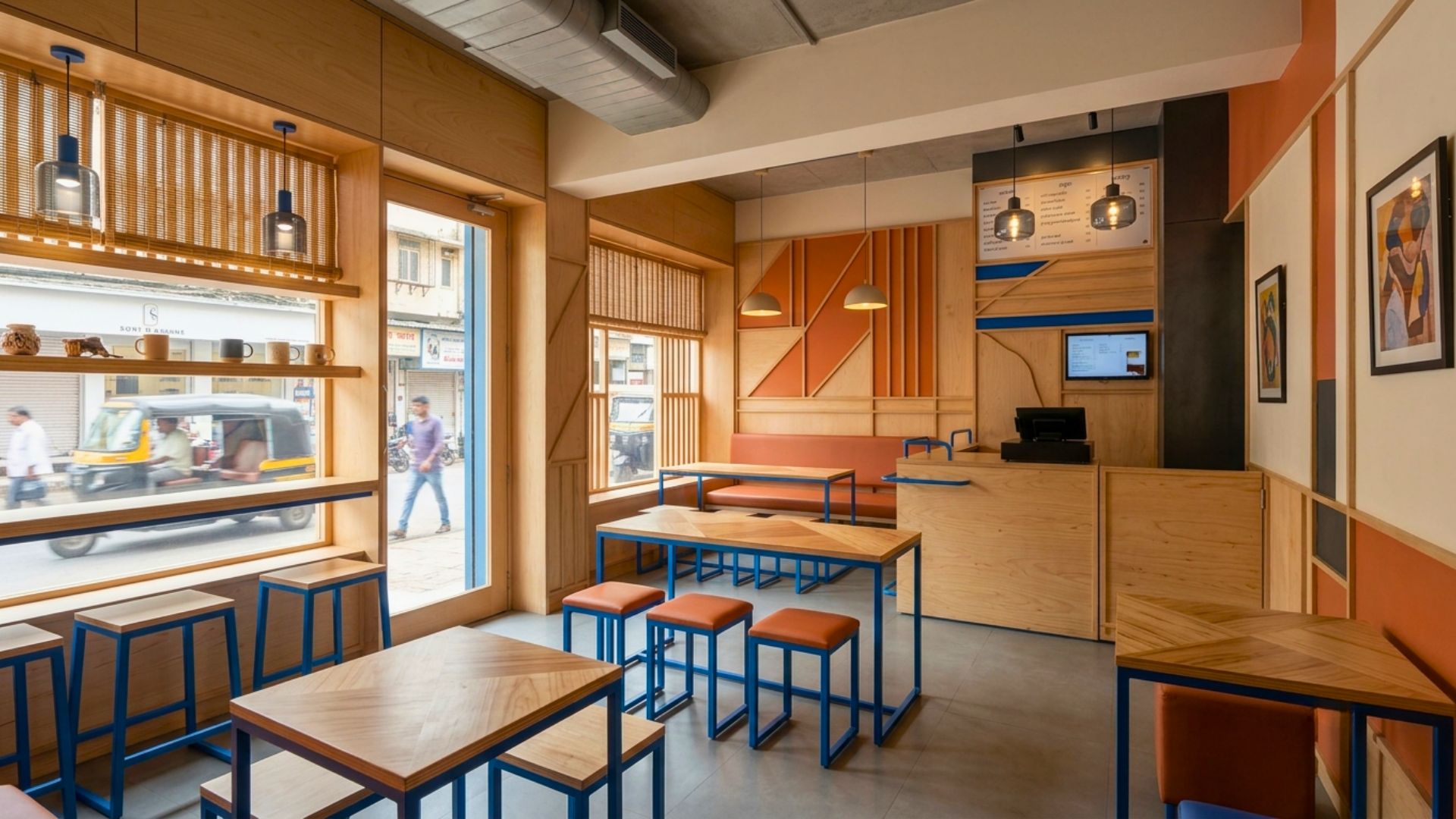 Wood trim moldings added to a coffee shop interior