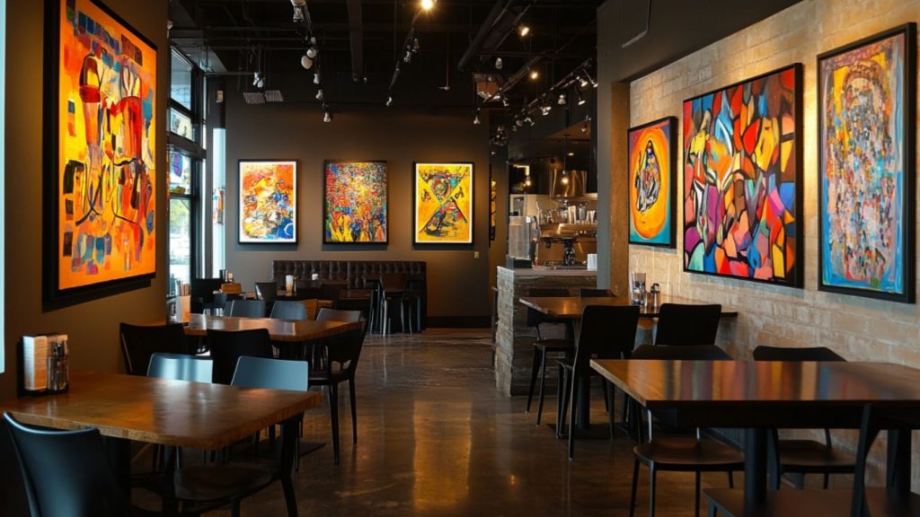 Local art displayed on restaurant walls as an affordable design idea