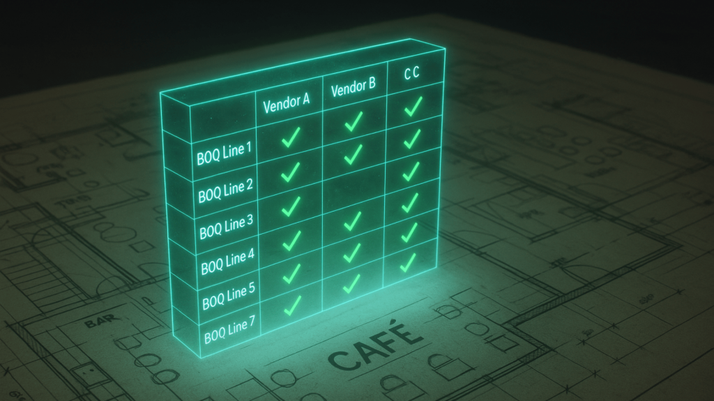 Scope matrix used to compare restaurant BOQ quotes