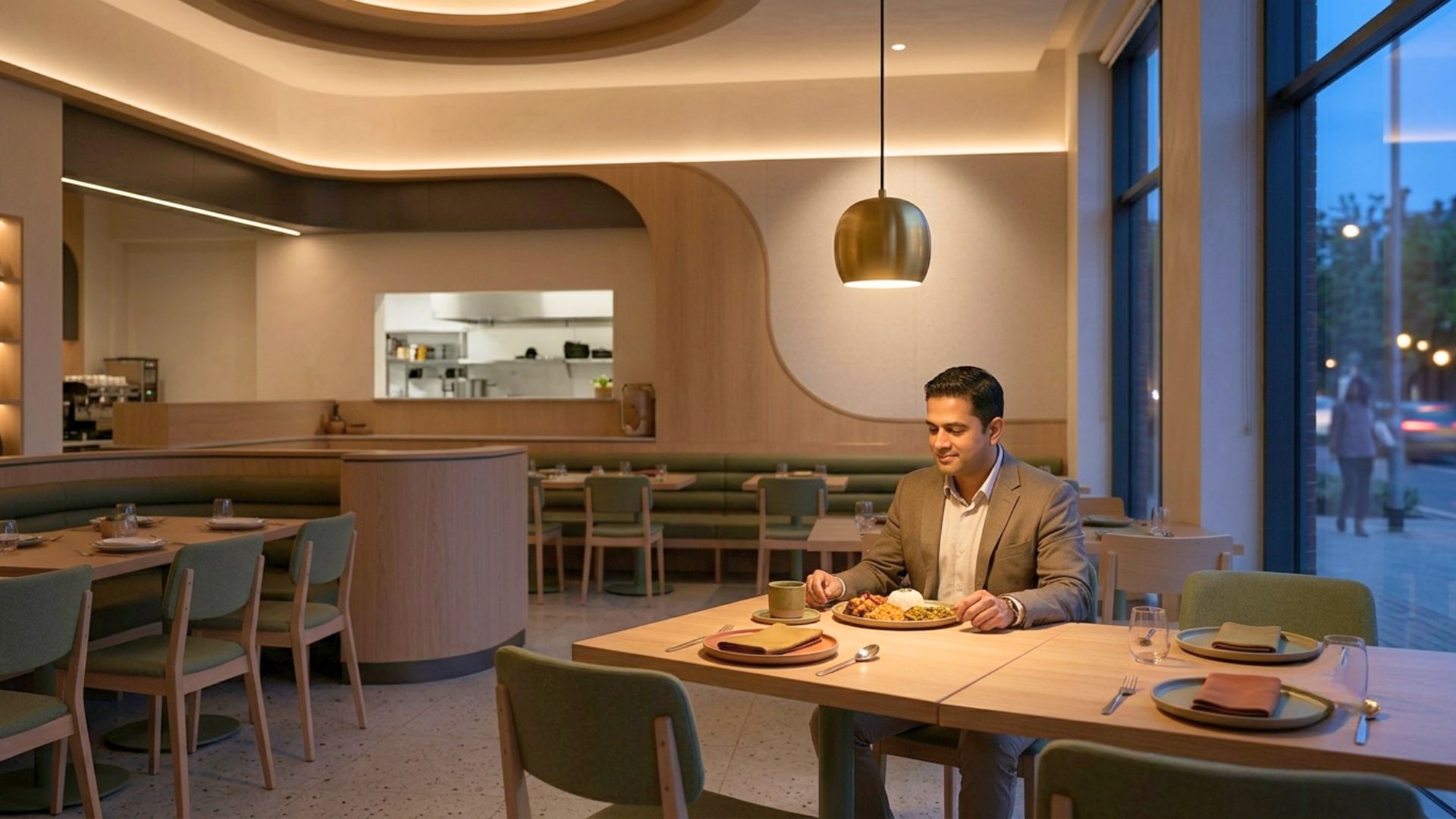 Restaurant colour palette applied to walls, furniture and crockery