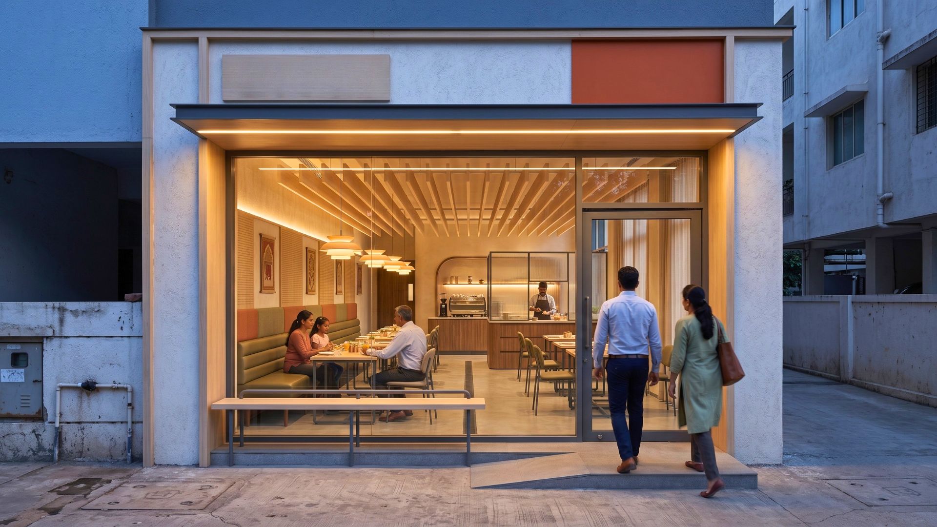Well-designed restaurant restroom with attention to fixtures and lighting