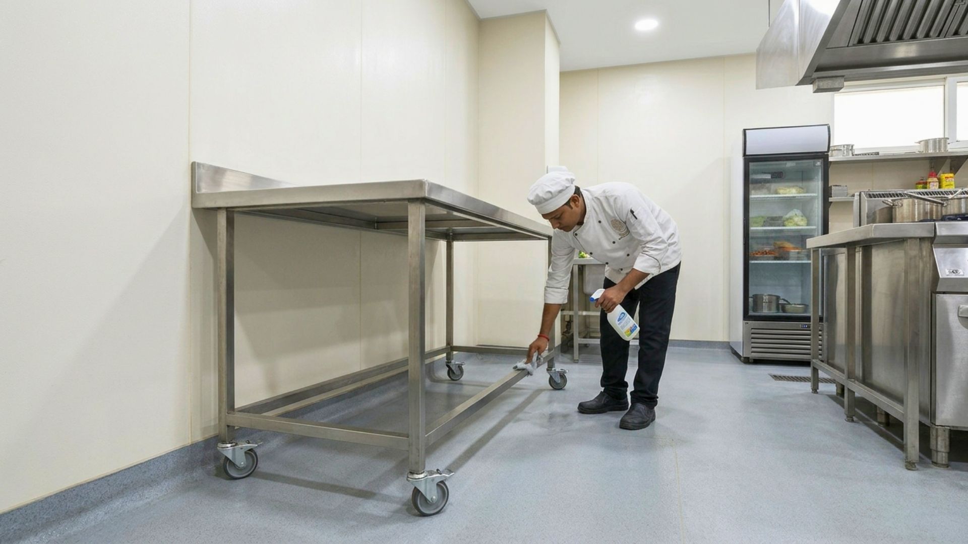 Kitchen space allocated across cleaning, storage, prep, cooking and service