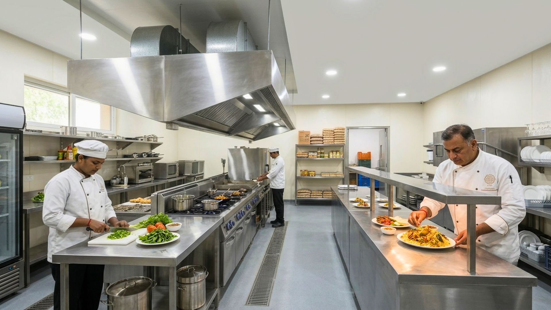 Kitchen space allocated across cleaning, storage, prep, cooking and service