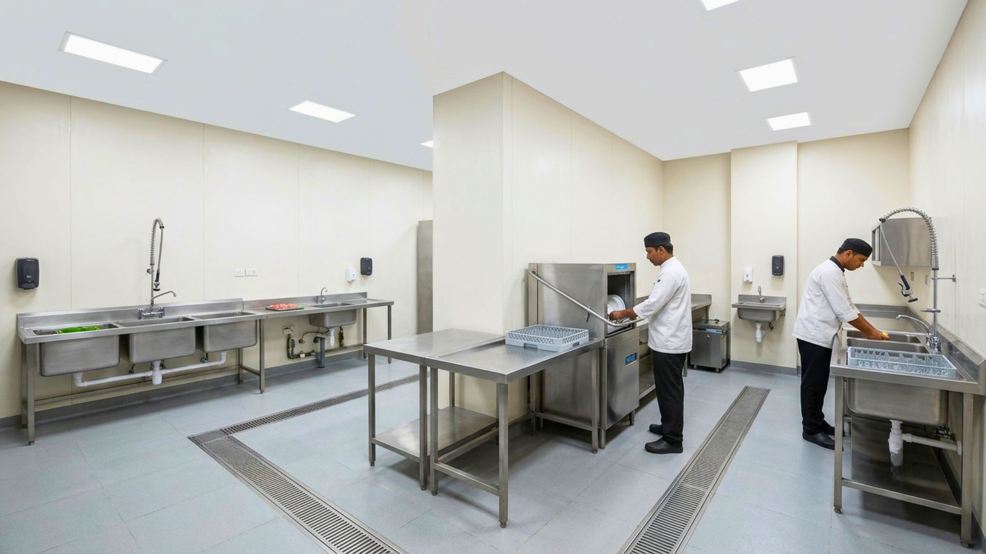 Kitchen space allocated across cleaning, storage, prep, cooking and service