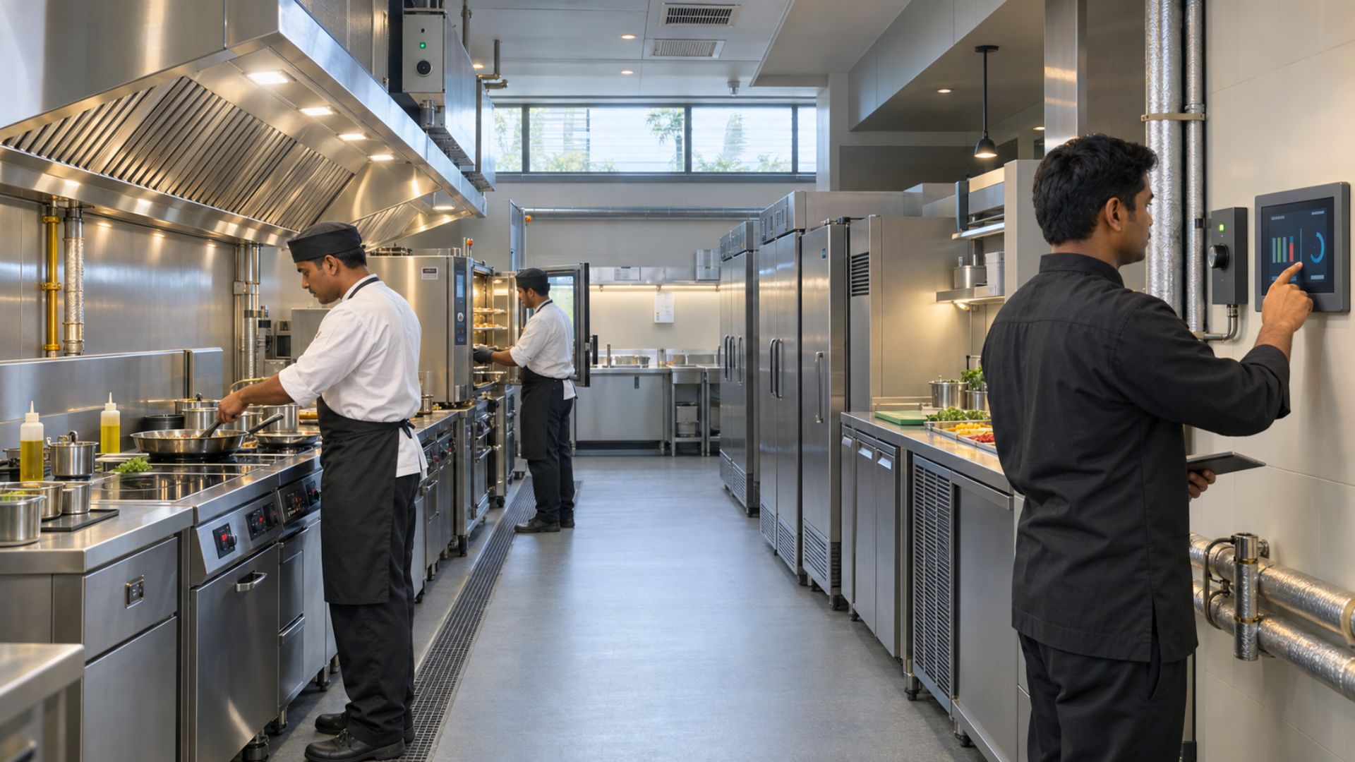 Kitchen space allocated across cleaning, storage, prep, cooking and service