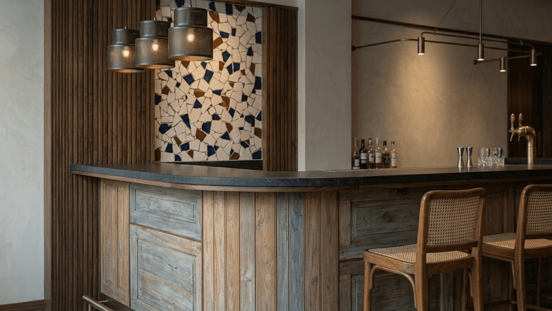 Cosy rustic restaurant interior with natural materials