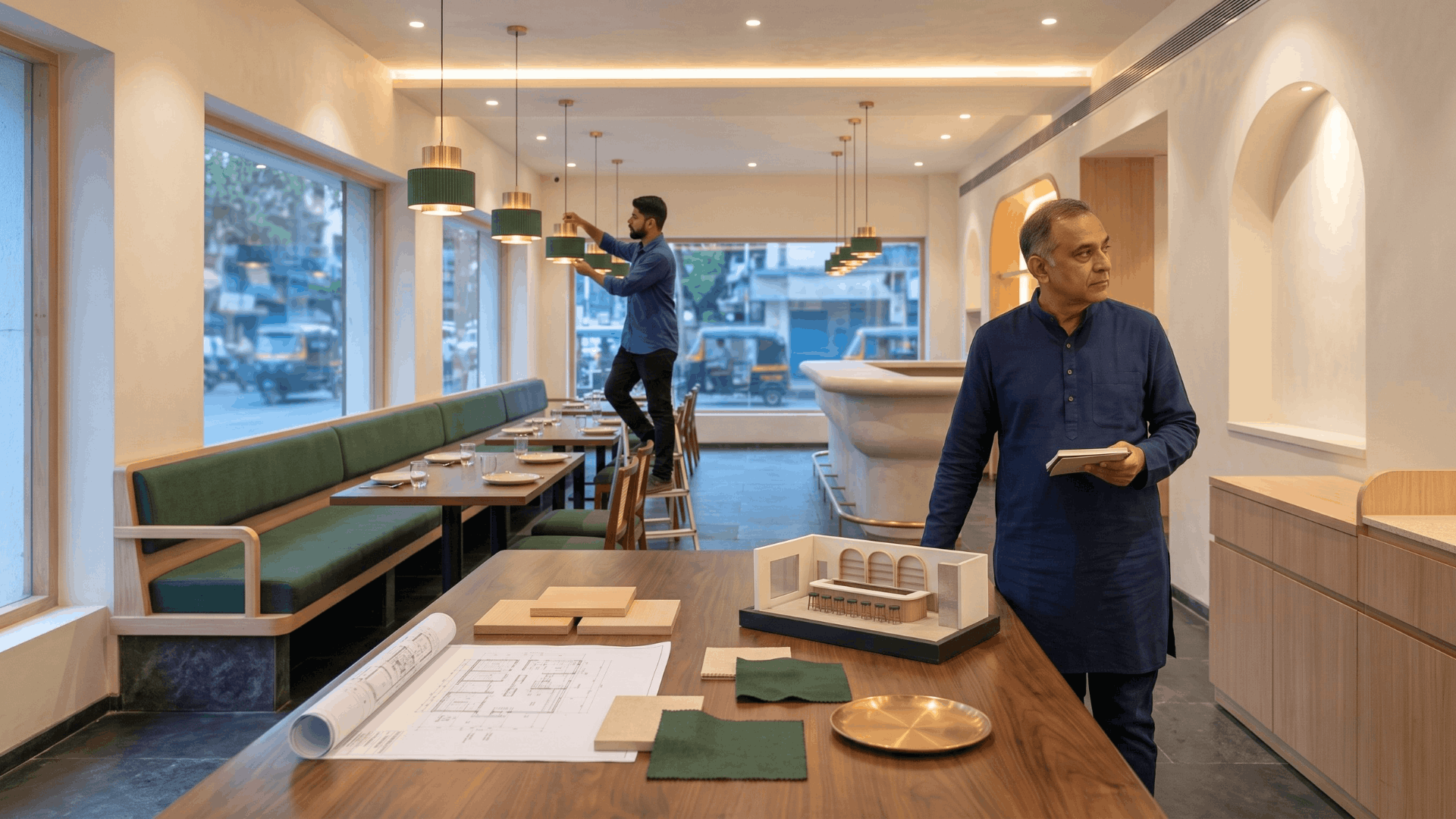 Professional interior designer planning a restaurant space