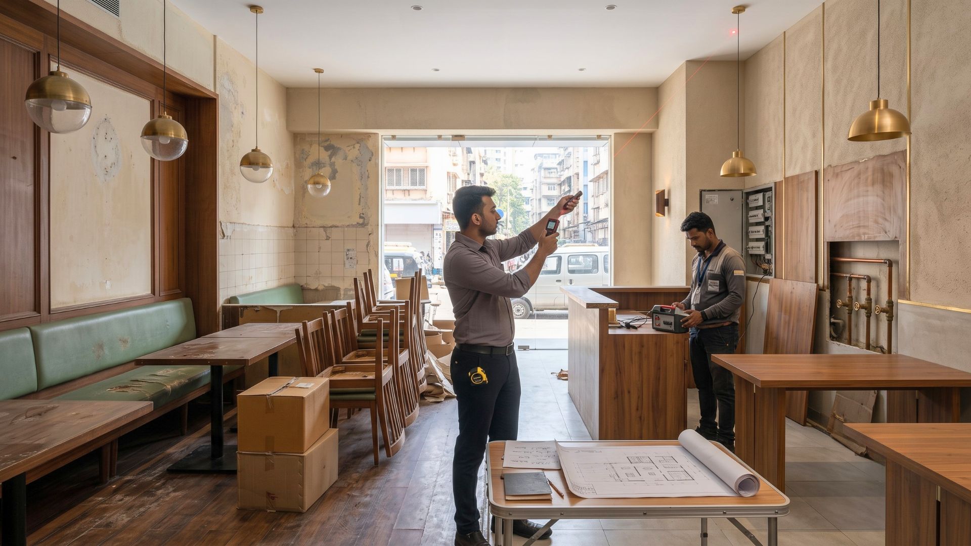 Wood trim moldings added to a coffee shop interior